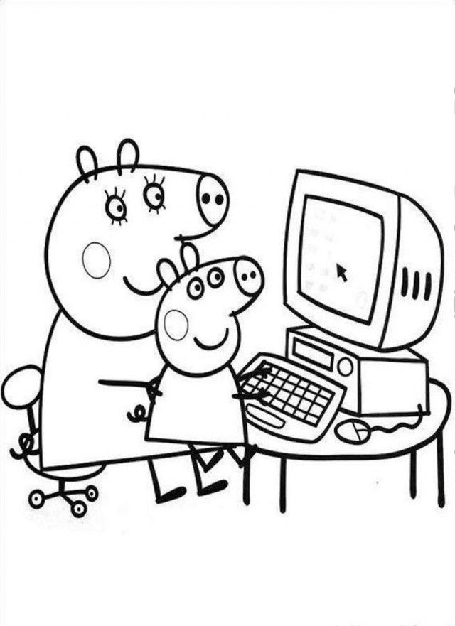 Peppa Pig Infront Of Compute Coloring Page Coloringplus 233432 