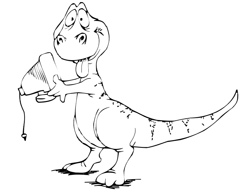 dinosaur coloring page holding old computer