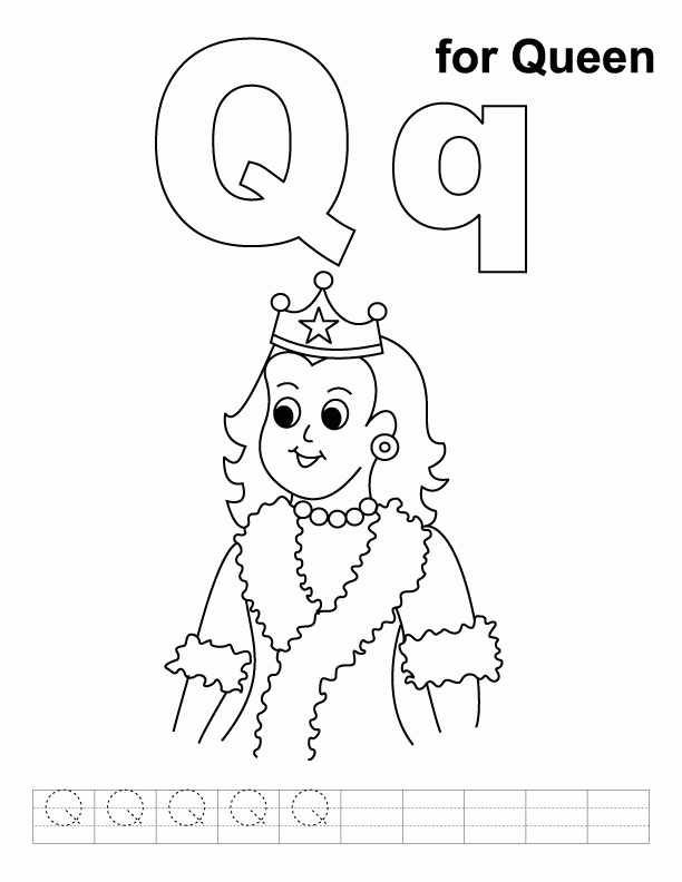 Q for queen coloring page with handwriting practice | Download 