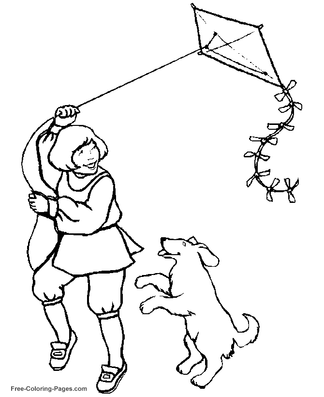 Printable Kids Coloring Pages Flying Kite With Dog