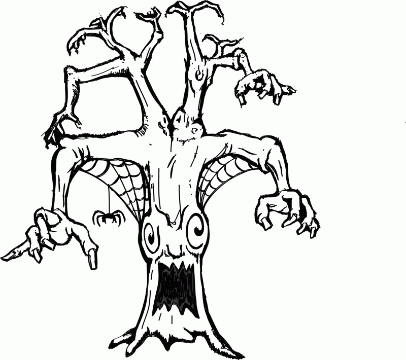 printable coloring page of a scary tree with spider web for kids 