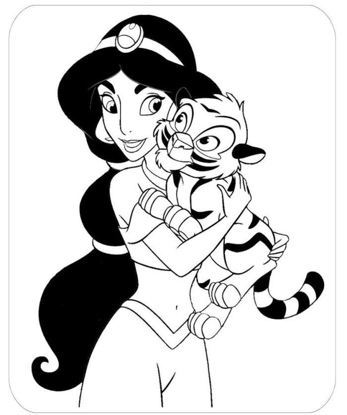 Jasmine Took The Little Tiger Coloring Pages - Aladdin Cartoon 