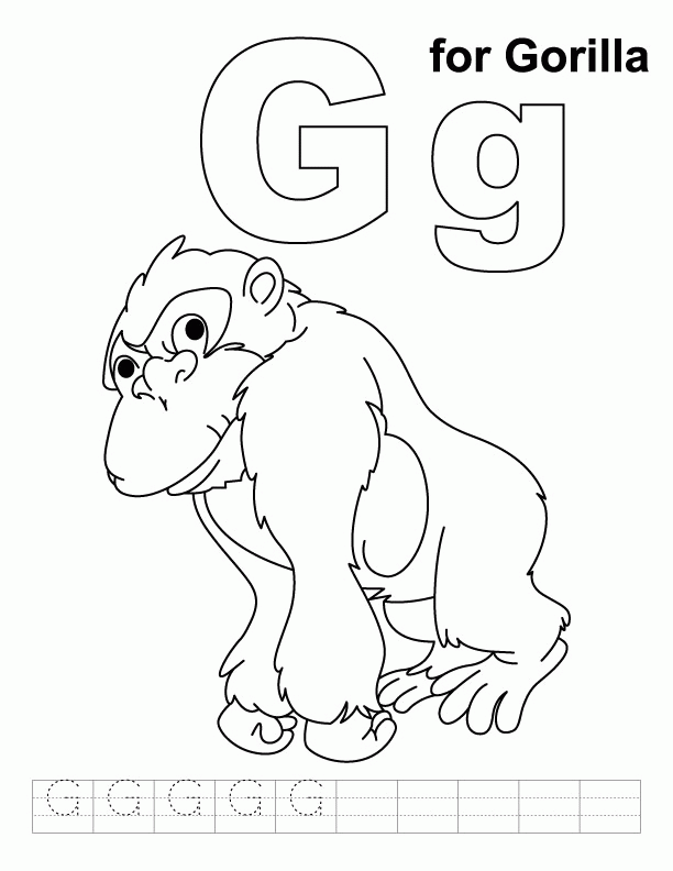 G for gorilla coloring page with handwriting practice | Download 