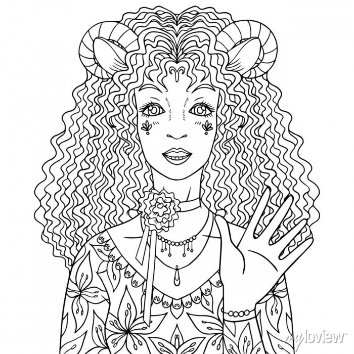 Coloring page. outline picture of girl portrait with curly hair posters for  the wall • posters vector, style, manga | myloview.com
