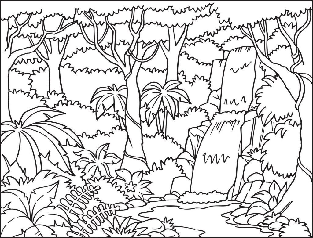 Jungle Background Coloring Page With Beautiful Waterfall Also ...