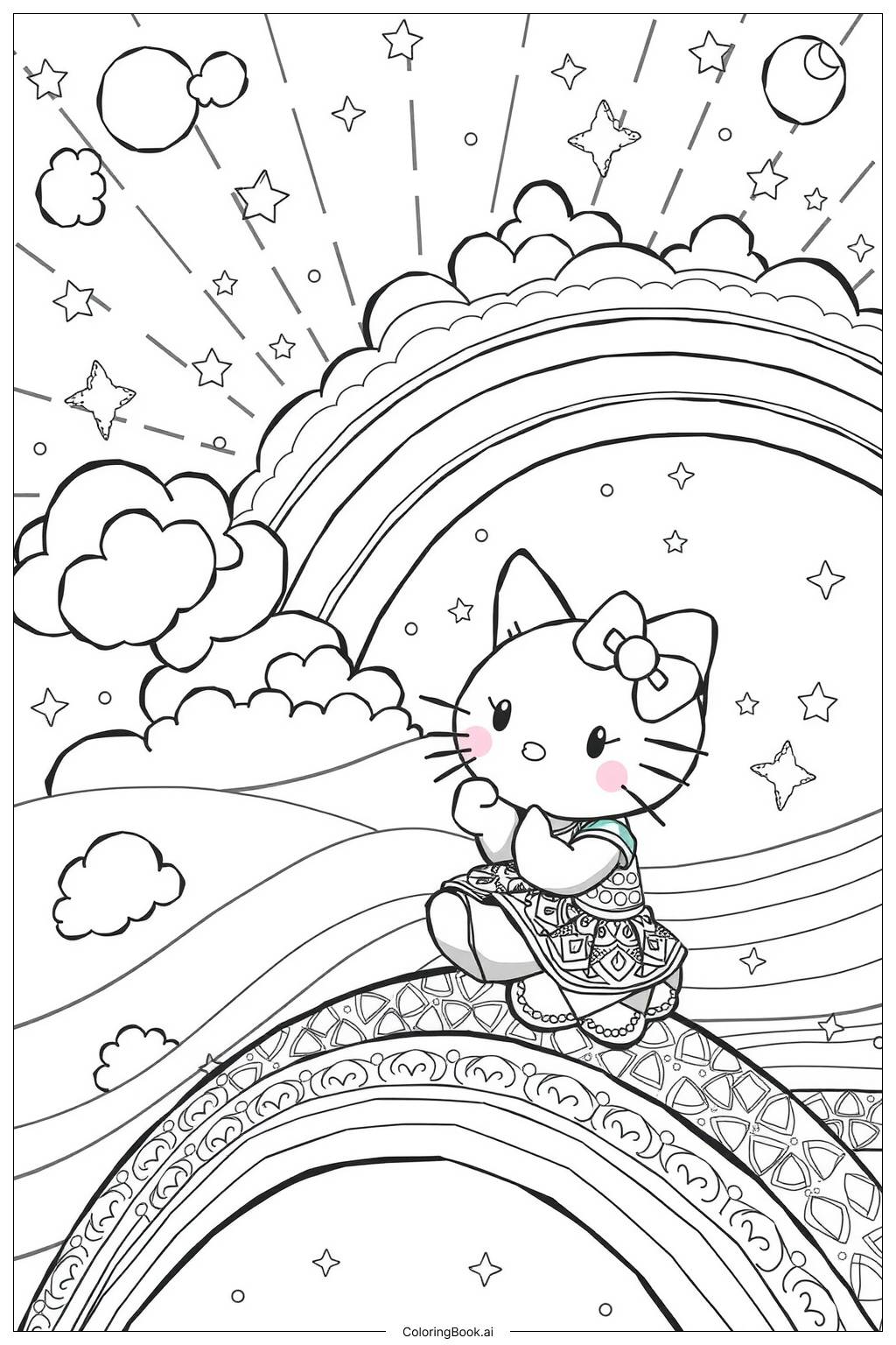 hello kitty sitting on a rainbow Coloring Page (Free PDF&PNG Printable)