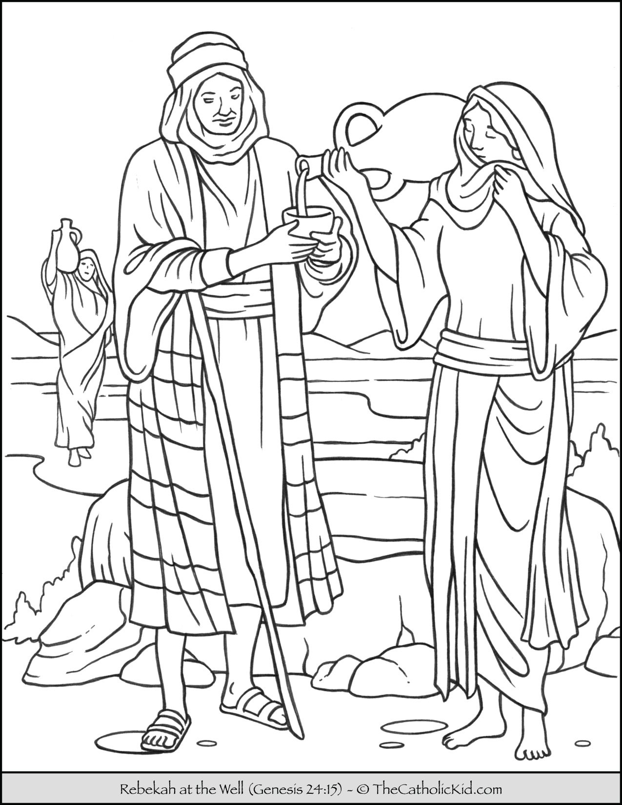 Rebekah at the Well Bible Coloring Page - TheCatholicKid.com