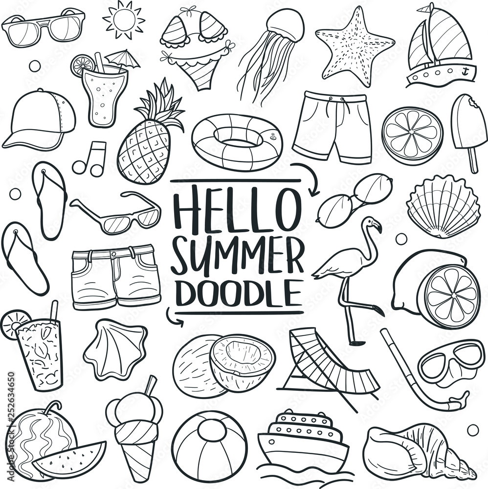 Hello Summer Vacation Traditional Doodle Icons Sketch Hand Made Design  Vector Stock Vector | Adobe Stock