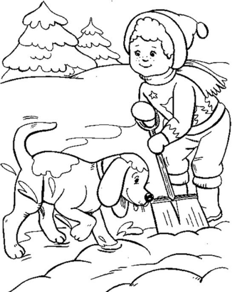Boy And Dog Playing Snow Winter Coloring Pages For Kids | Winter ...