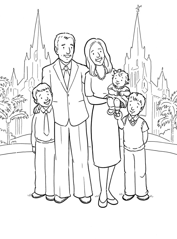 A happy family at the San Diego LDS Temple Coloring Page