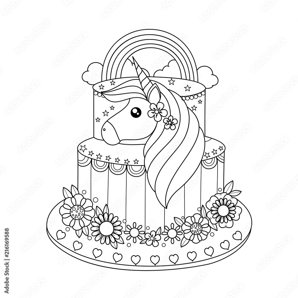 Unicorn cake coloring book for adult. Vector illustration. Handdrawn.Doodle  style. Stock Vector | Adobe Stock