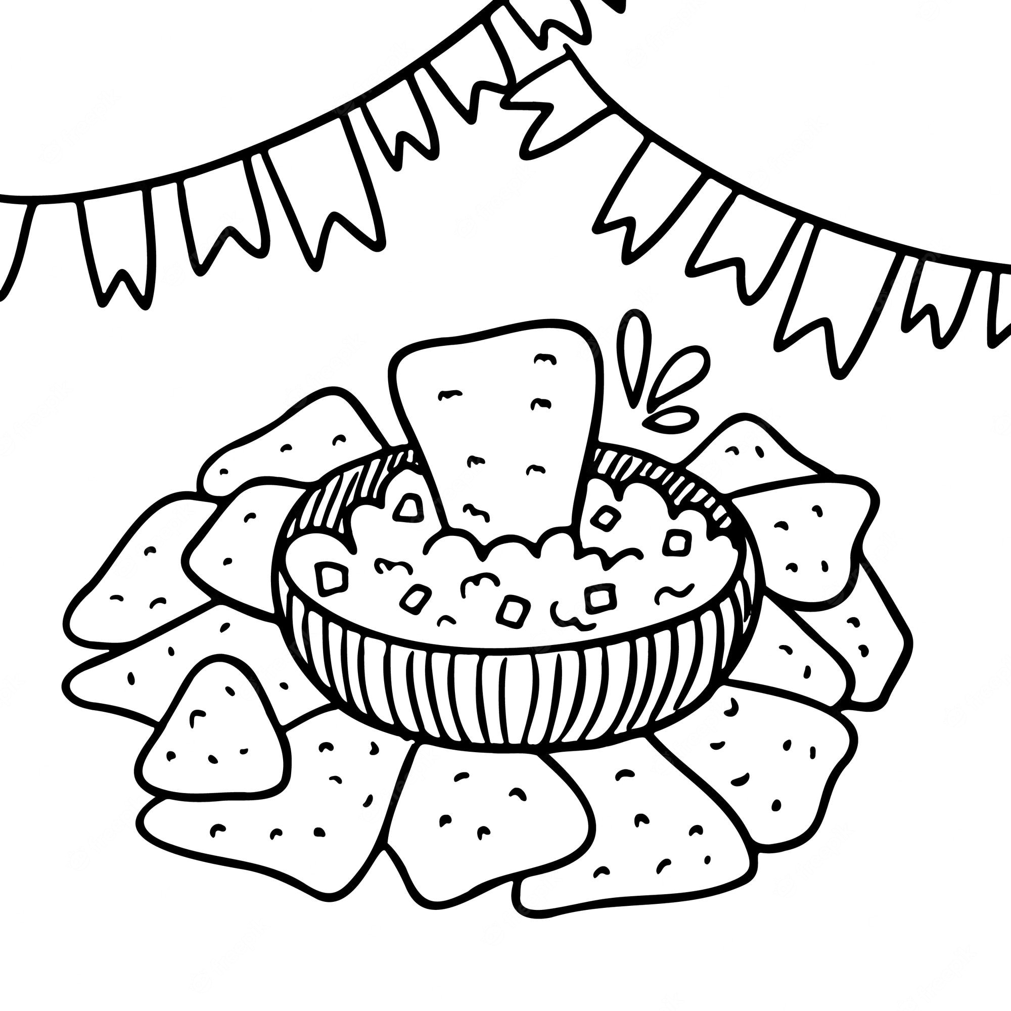 Premium Vector | Mexican food coloring page doodle guacamole style nachos  festive flags