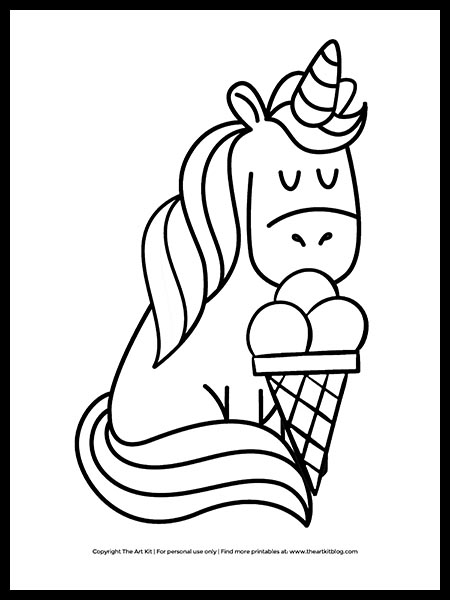 CUTE Unicorn with Ice Cream Cone Coloring Page - The Art Kit