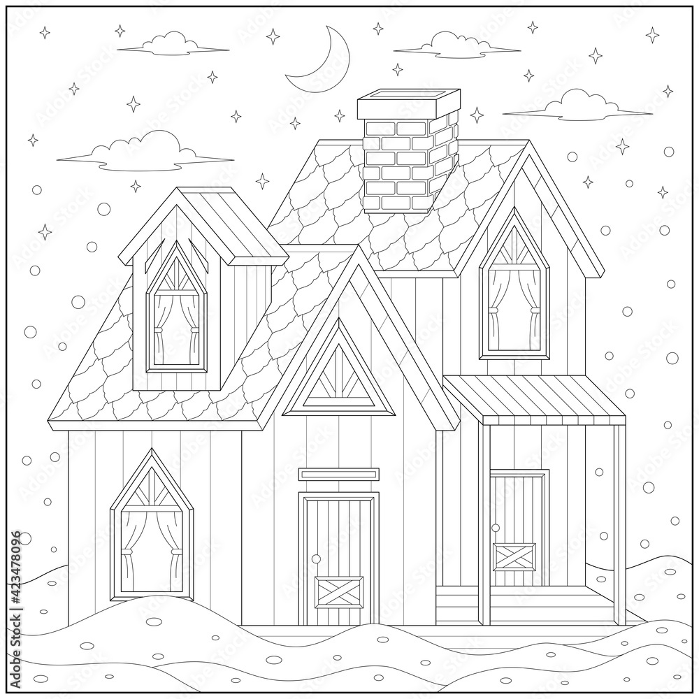 Big house in the winter season. Learning and education coloring page  illustration for adults and children. Outline style, black and white  drawing. Stock Vector | Adobe Stock