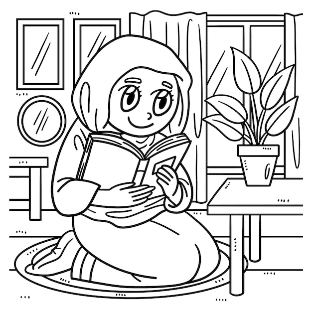 Premium Vector | Ramadan muslim woman reading quran coloring pages