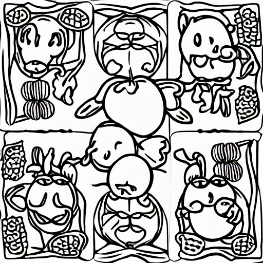 prompthunt: coloring page of 3 grasshoppers, a chicken, a cow, a sheep, an  apple, a peach, and a potato playing cards together