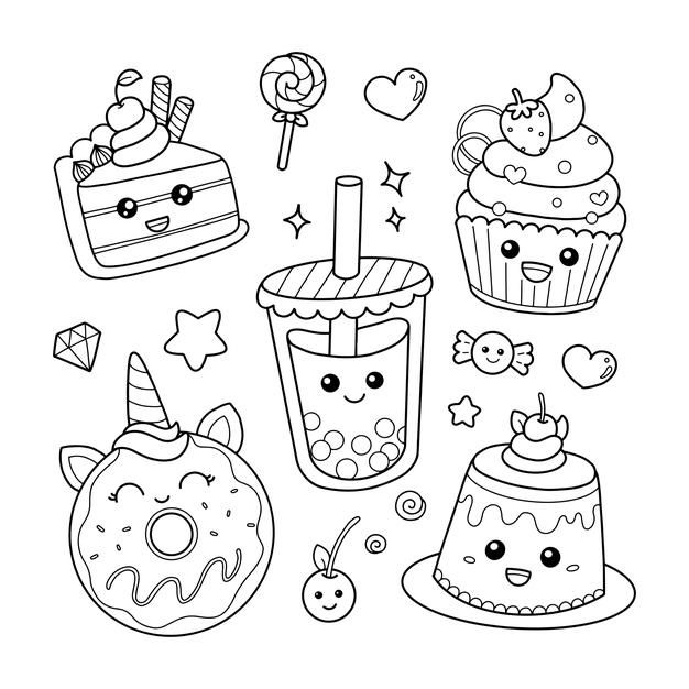 Premium Vector | Set of cute sweet food dessert icons in kawaii style coloring  page | Doodles bonitos, Doodle art, Doodles kawaii