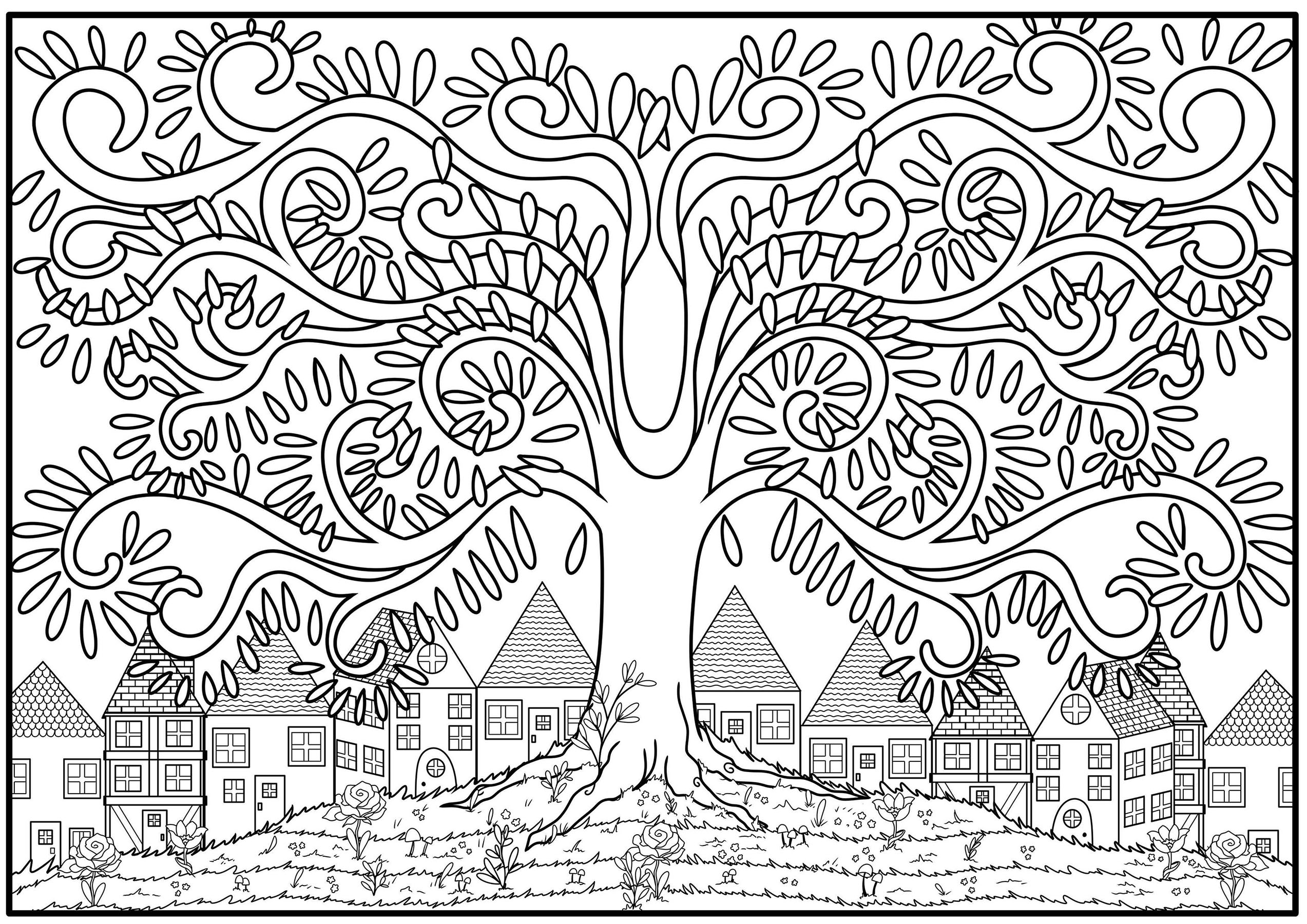 Tree on top of a hill - Flowers Adult Coloring Pages