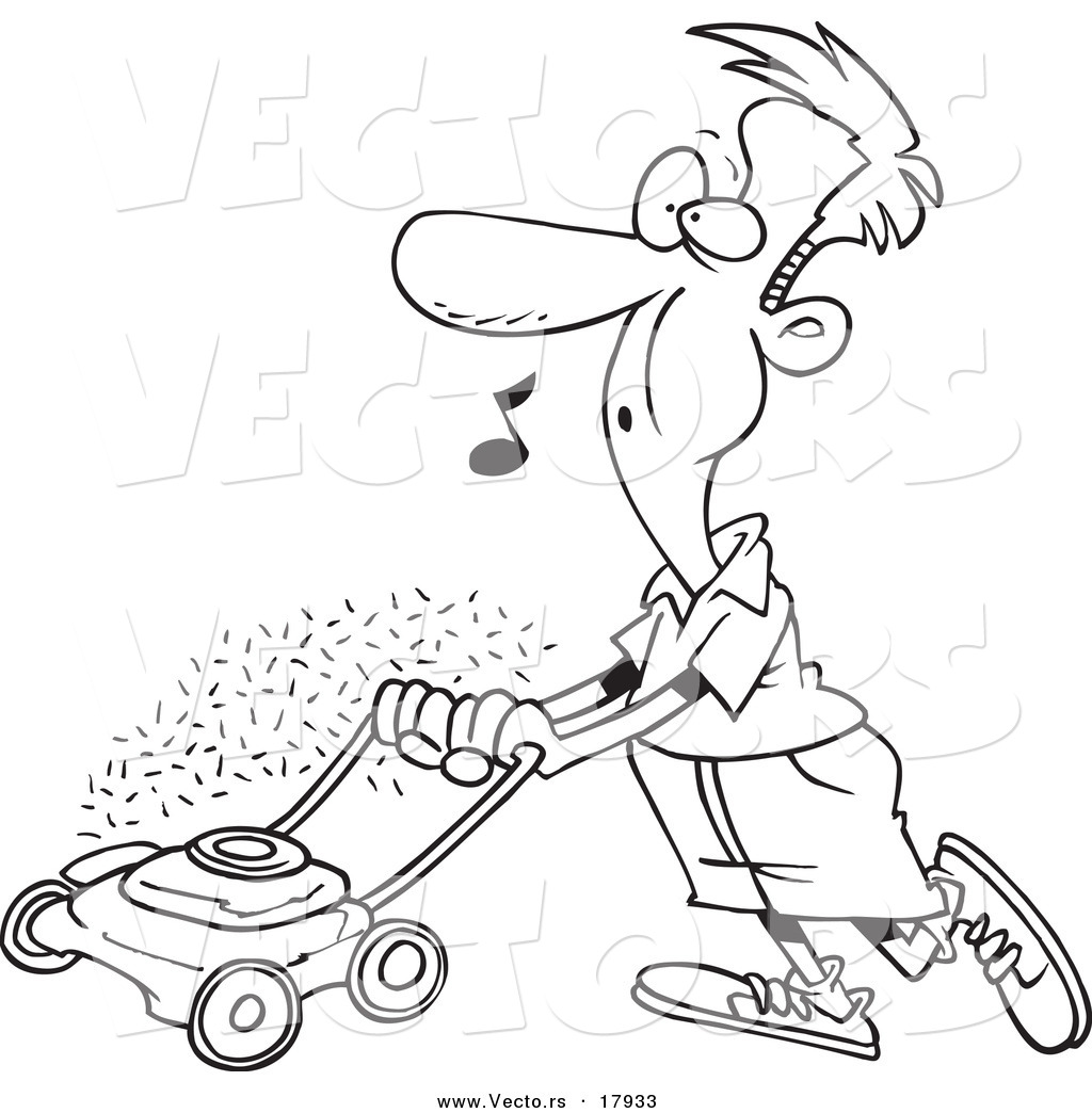 Vector of a Cartoon Man Whistling and Mowing His Lawn - Outlined Coloring  Page by toonaday - #17933