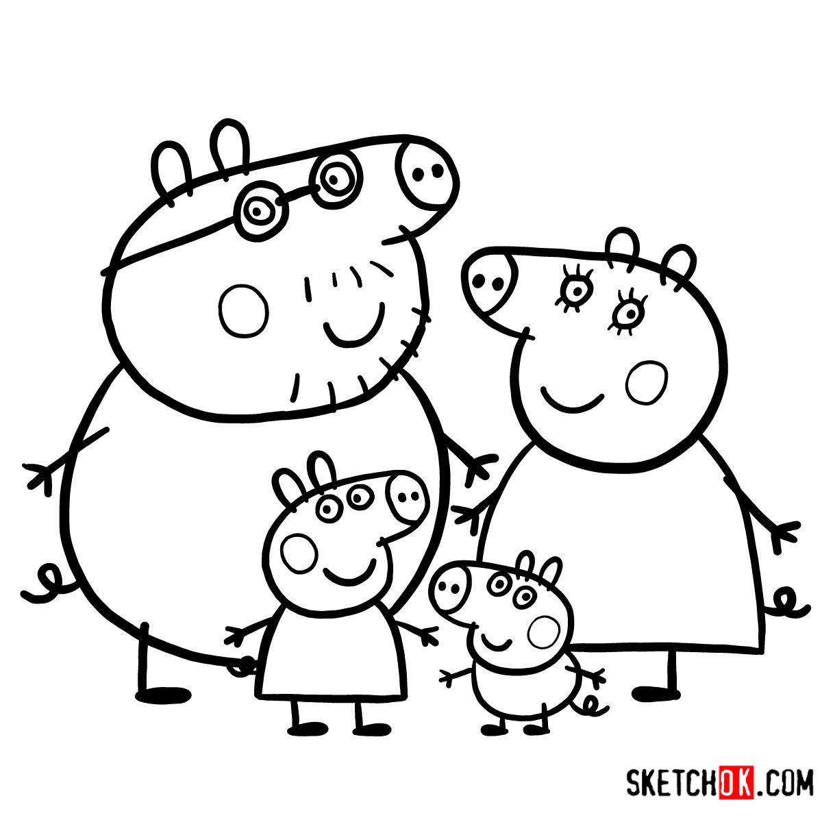 How to draw Peppa Pig's family together - Sketchok easy drawing guides