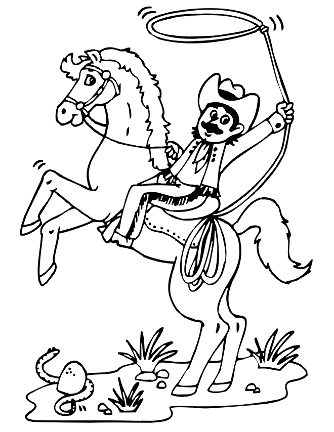 Horse Coloring Page | Cowboy With Lasso On His Horse