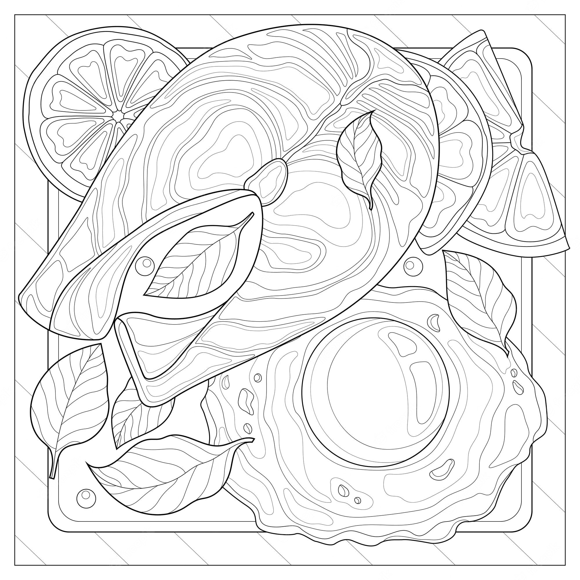 Premium Vector | Salmon with egg,basil and lemon.coloring book antistress  for children and adults. illustration isolated on white  background.zen-tangle style.