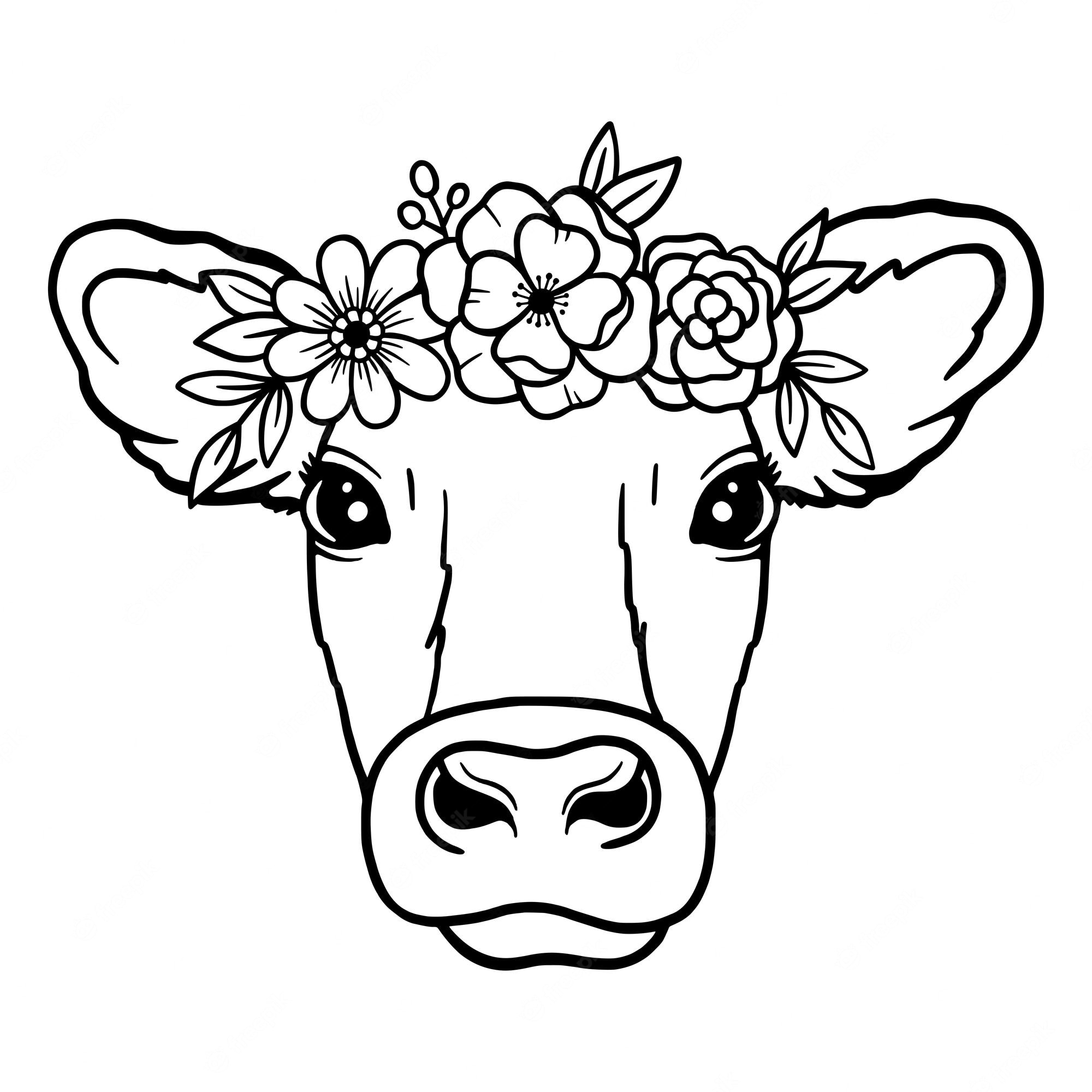 Premium Vector | Cow head wreath of flowers crown of flowers outline cow  head vector cow logo farm animal