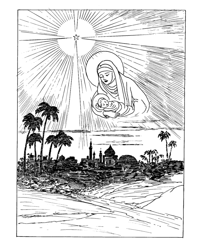 Classic Christmas Coloring Pages - Mary and Jesus over Bethlehem