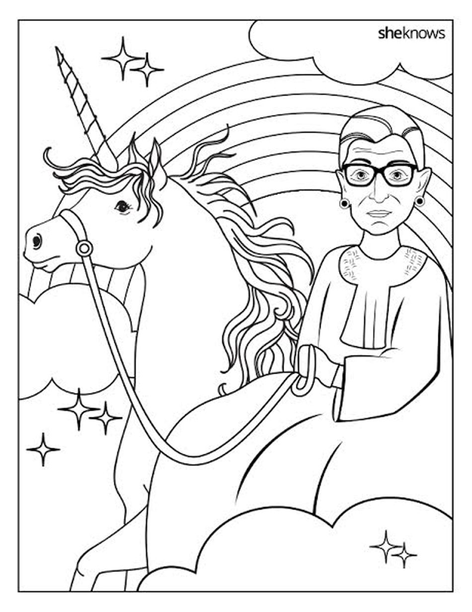 Notorious RBG riding a unicorn makes for an epic coloring book