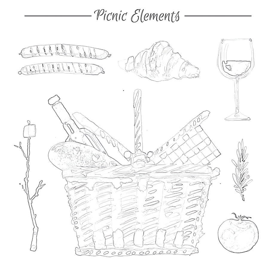 Basket With Picnic Elements coloring page - Mimi Panda