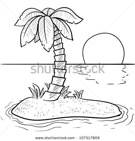 Doodle style tropical or deserted island with palm tree and sunset ...