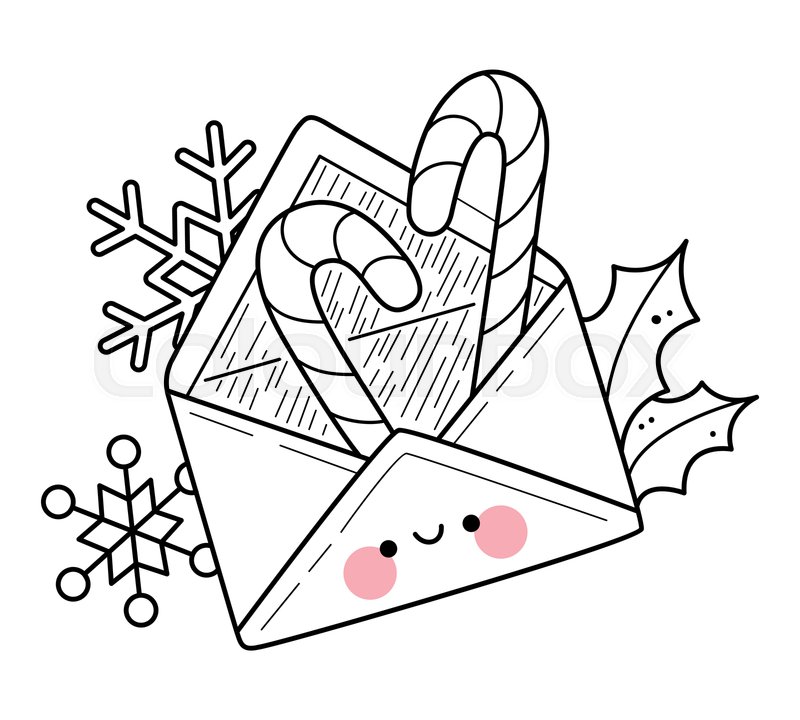 Kawaii Christmas envelope with sweets coloring page for kids. Cartoon  vector illustration | Stock vector | Colourbox