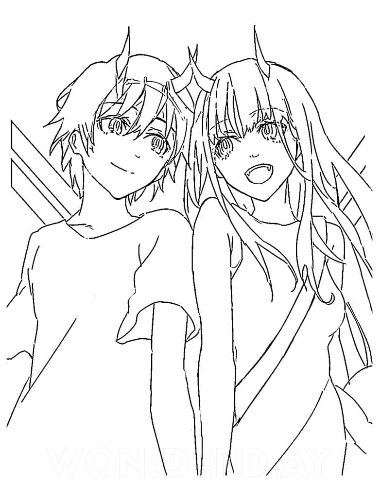 Zero Two and Hiro Coloring Page - Anime Coloring Pages