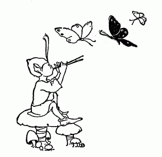 Elf sitting on a mushroom with butterflies coloring page