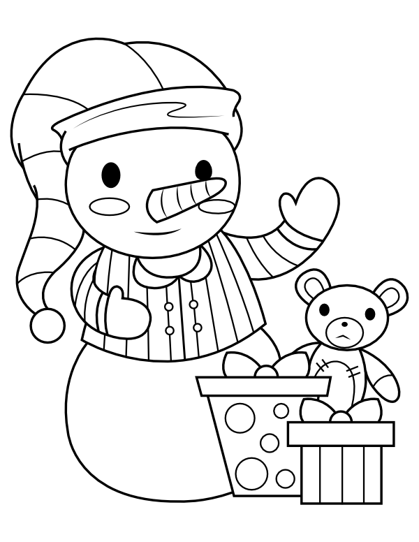Printable Snowman and Christmas Presents Coloring Page