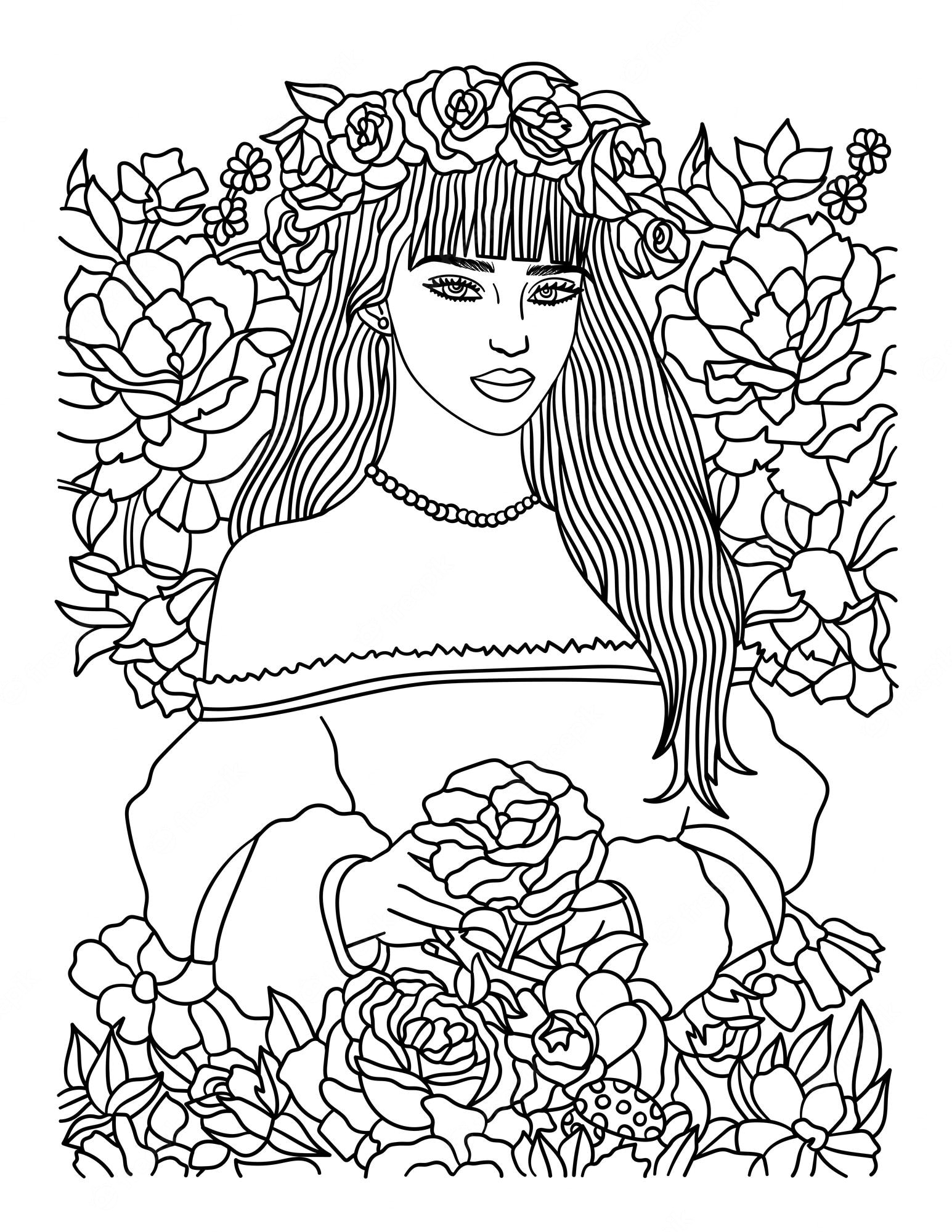 Premium Vector | Beautiful flower girl coloring page for adults