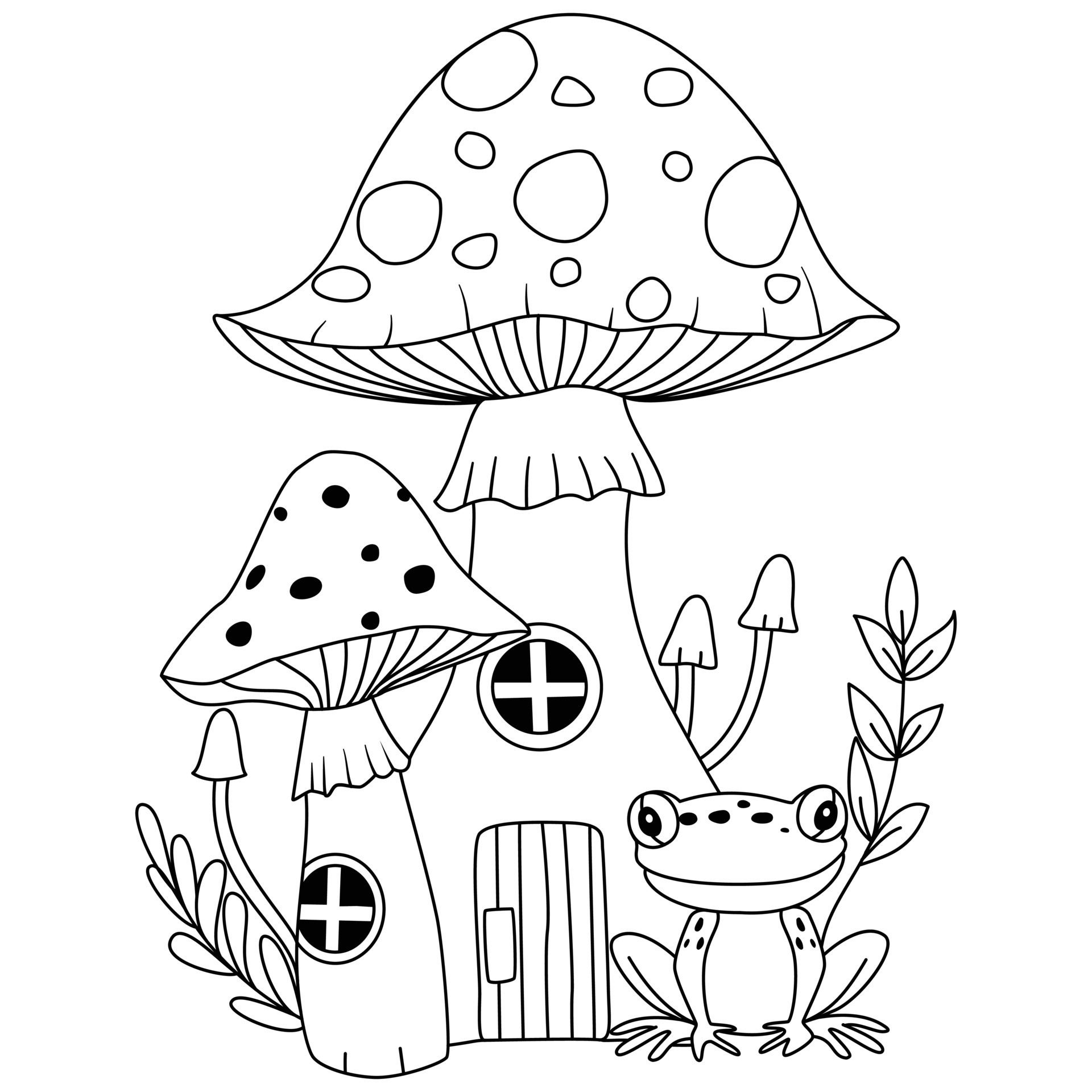 Cute purple head mushroom house with green frog and leaves decoration  outline artwork coloring pages 13267052 Vector Art at Vecteezy