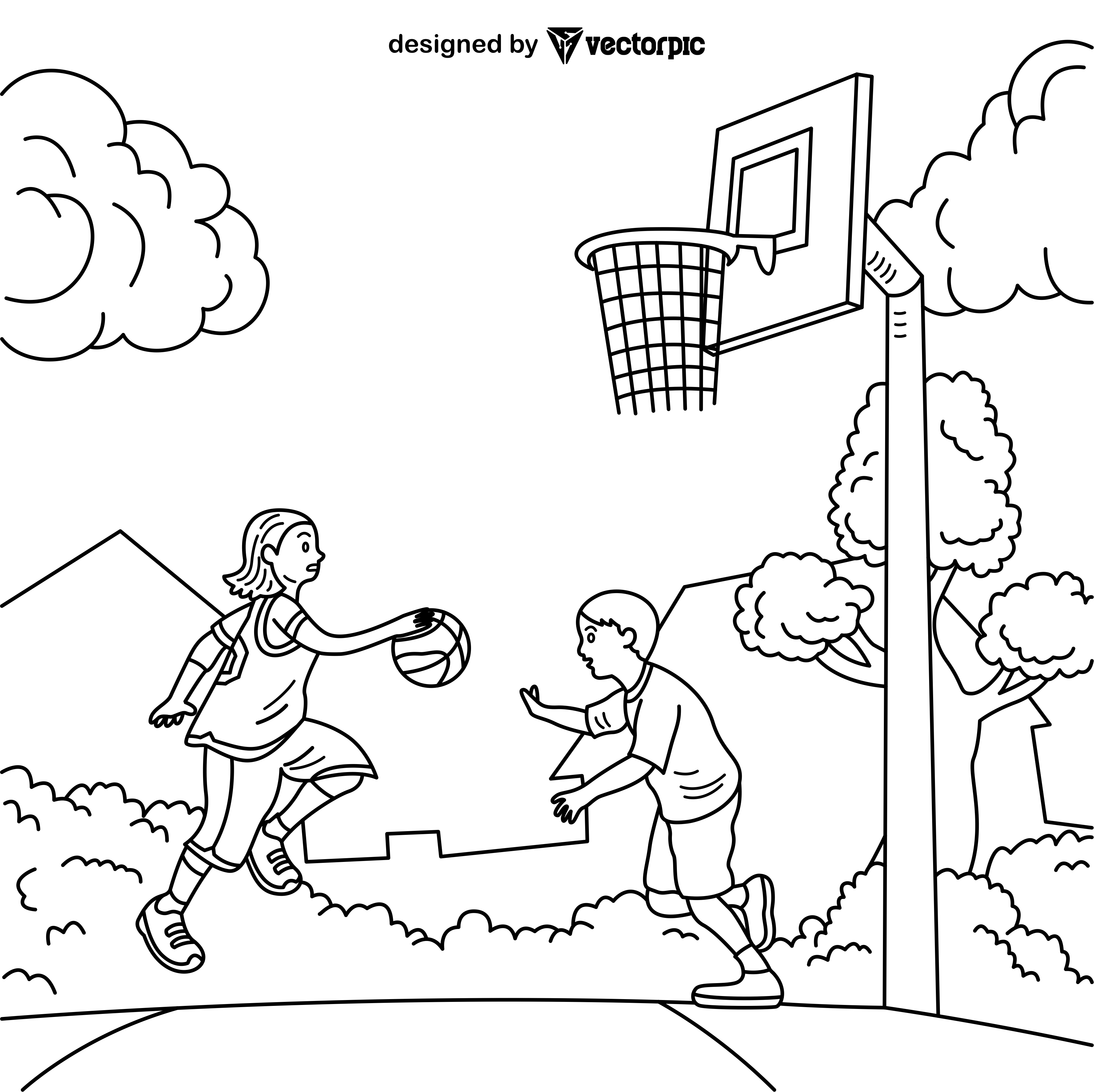 girl and boy playing basketball Coloring Pages for Kids & Adults design  free vector