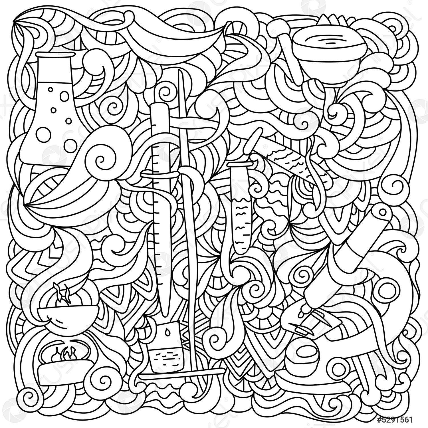 Science coloring page antistress, doodles and curls with laboratory  equipment - stock vector 5291561 | Crushpixel