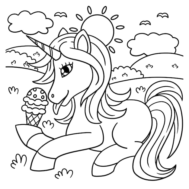 Premium Vector | Unicorn eating ice cream coloring page for kids