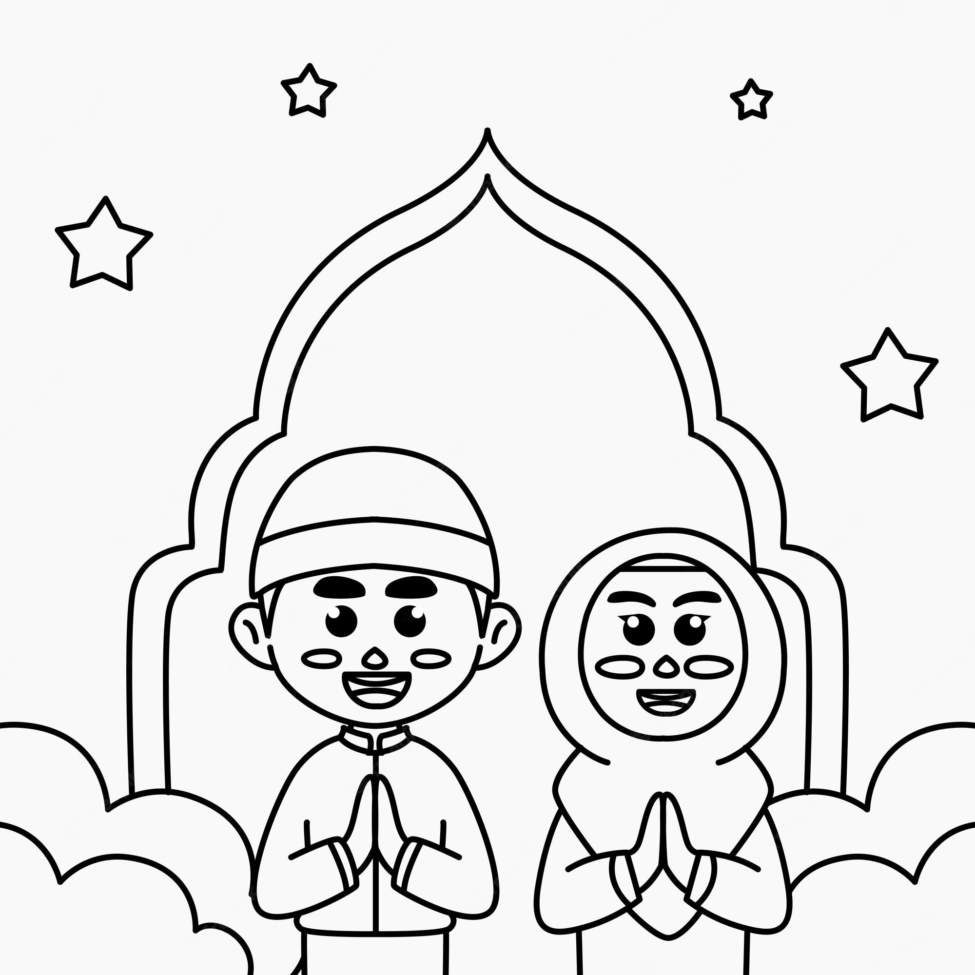 Premium Vector | Coloring page cute cartoon illustration of muslim boys and  girls welcoming eid alfitr ramadan for
