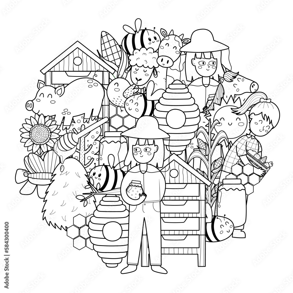 Bee and beekeeper circle shape coloring page. Doodle mandala with farm  characters for coloring book. Outline background. Vector illustration Stock  Vector | Adobe Stock