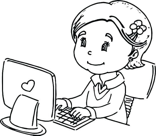 Girl Studying on Computer Coloring Page - Free Printable Coloring Pages for  Kids