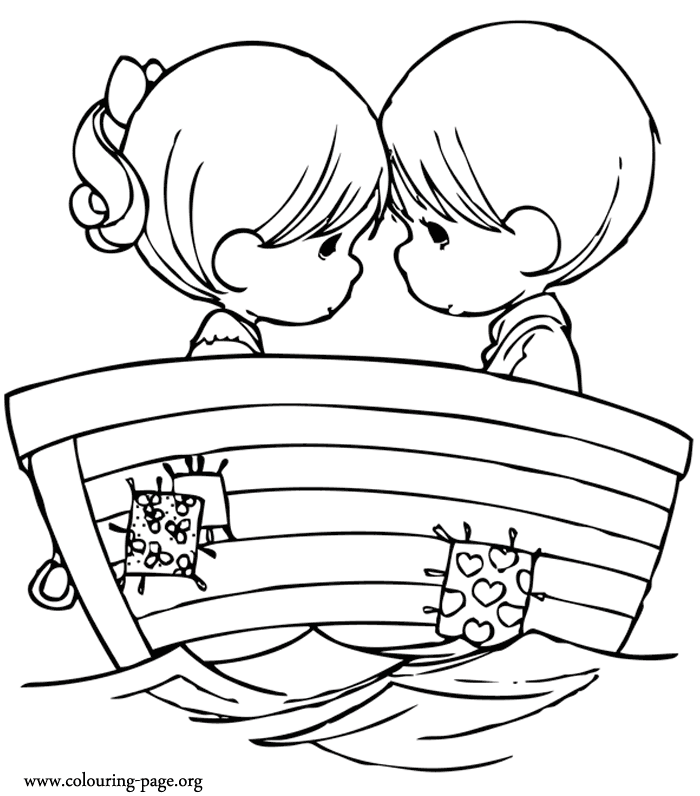 Valentine's Day - A couple of kids in a boat coloring page