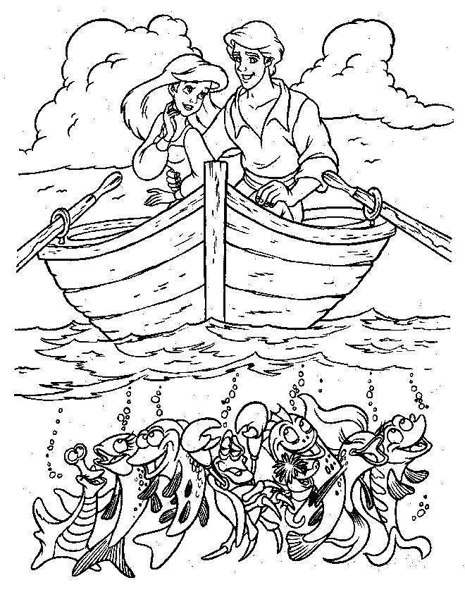 Princess Ariel With Prince Eric On Boat Coloring Pages