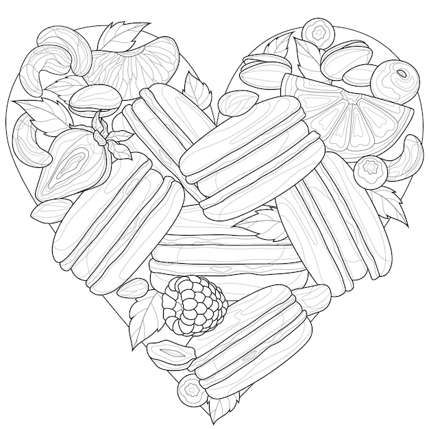 Premium Vector | Heart shaped macaroons and berries.coloring book  antistress for children and adults.