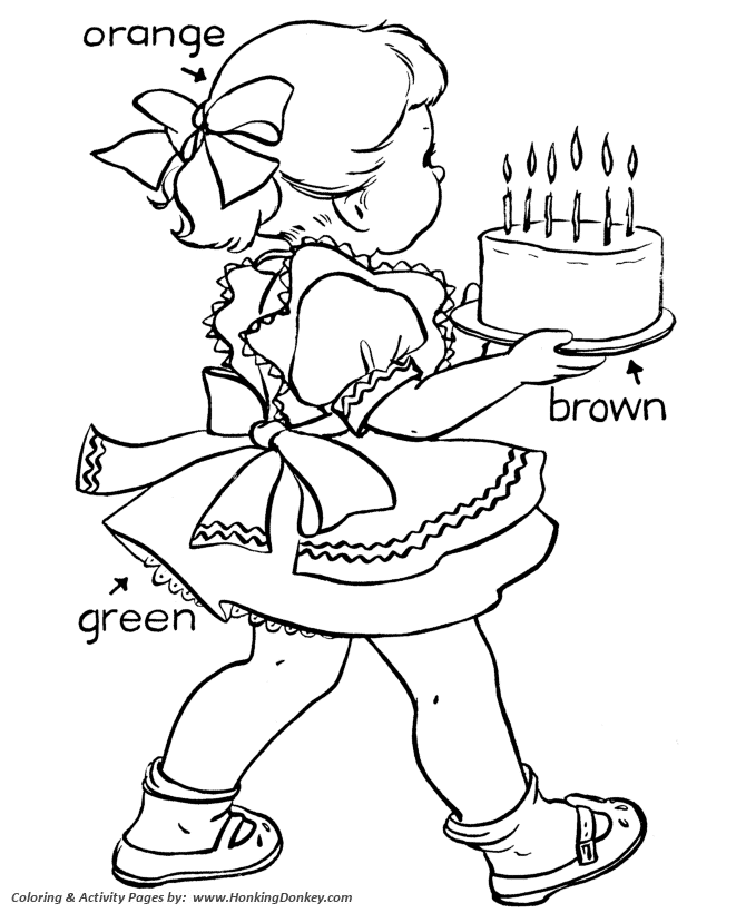 Birthday Coloring Pages | Girl with Birthday cake Coloring 