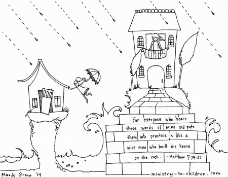Wise and Foolish Builders” Coloring Page Matthew 7:24 House on the ...