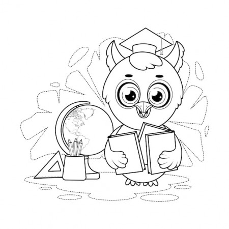 Premium Vector | Coloring page smart owl with books pencils ruler and globe