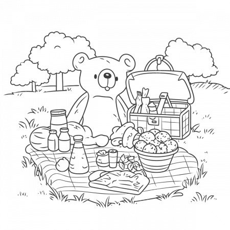 Bear In Basket For Picnic Coloring ...